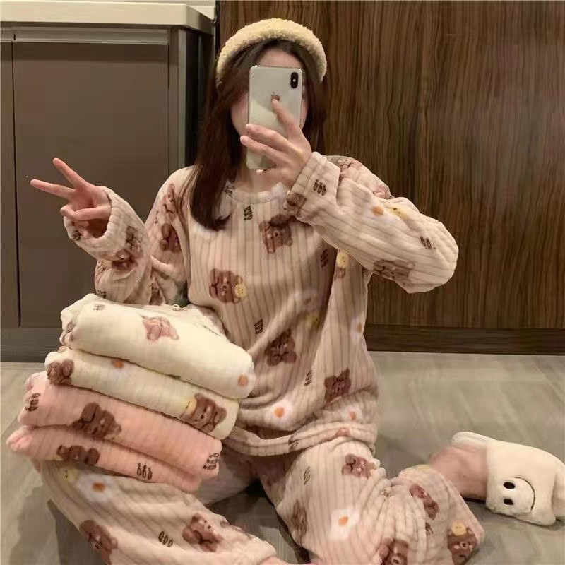 New Warm Suit Pajamas round Neck Loose Slimming and Warm Long Sleeve Home Women's Clothes Double-Sided Velvet Two-Piece Set