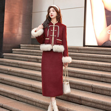 新中式国风羽绒服套装女秋冬过年红色复古盘扣小香风狐狸毛两件套