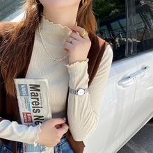 薄款打底衫女内搭2023秋季新款半高领上衣木耳边修身显瘦长袖T恤