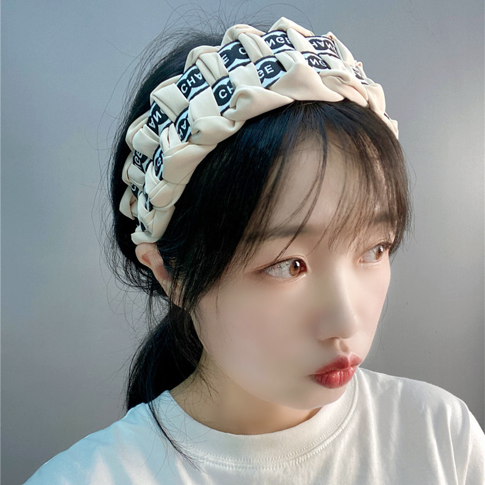 B259 Korean Retro Alphabet Plaid Headband Four-Strand Twist Braid Woven Personalized Hair Accessories Wide Brim Classic Style Headband