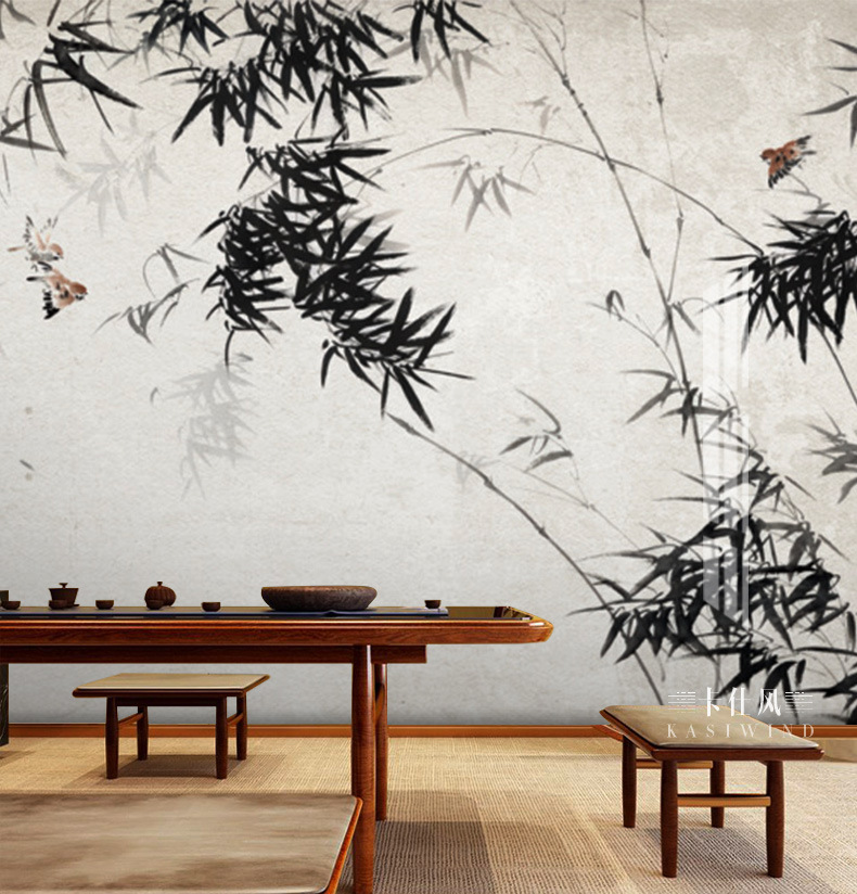 中式新古典壁纸古风手绘水墨竹子墙纸壁布客厅沙发电视背景墙壁画