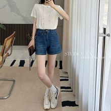 夏日BI备！M刺绣四面弹高腰A字阔腿热裤百搭显瘦JEANS牛仔短裤女