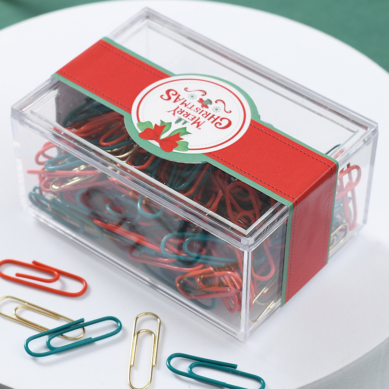 Factory Direct Sales Creative Christmas Big Square Box Office Learning Stationery Red Green Clip Gold Long Tail Clip Pushpin