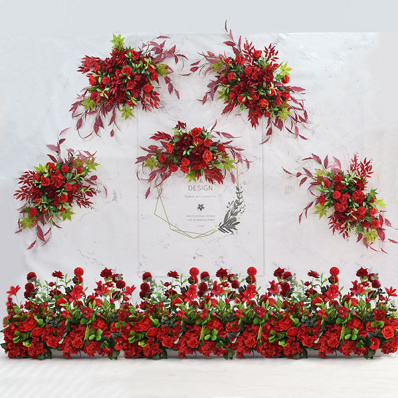 新款红色婚庆婚礼主舞台背景装饰仿真花艺花排田园布置墙路引橱窗