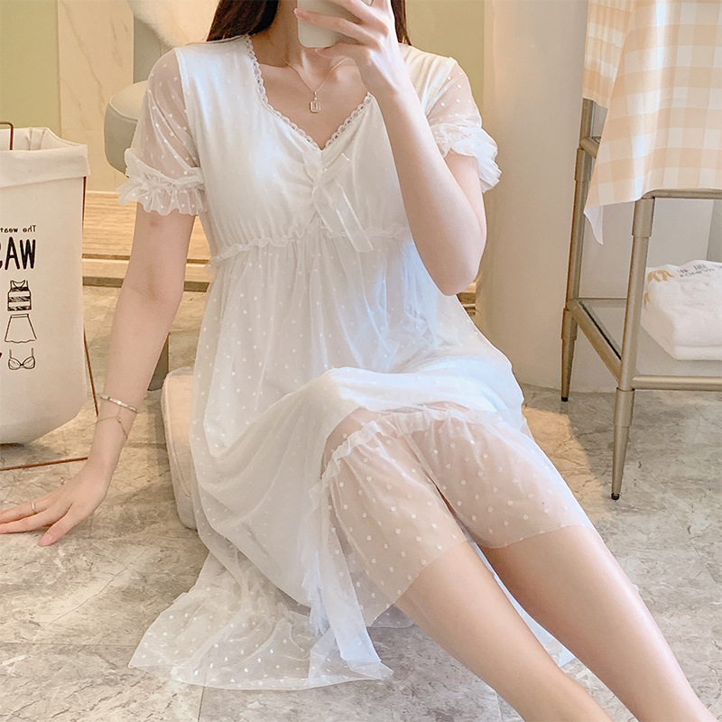 时尚网纱宫廷睡裙女短袖夏季休闲韩版大方蕾丝连衣裙睡衣性感睡裙