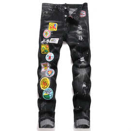 欧美2025春季朋克男式牛仔裤黑色破洞刺绣修身中腰男裤潮D4052