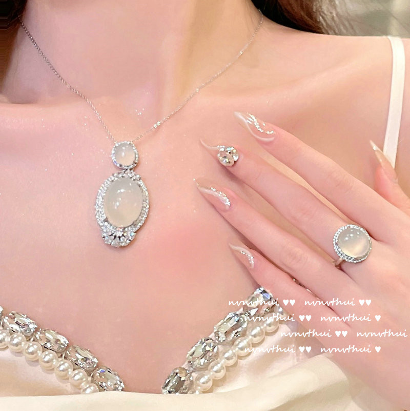 Cinderella Bridal Bouquet Egg-Shaped Gem Necklace Strong Fluorescent 18K Gold Plating Water-Foam Jade Big Diamond Earrings Set