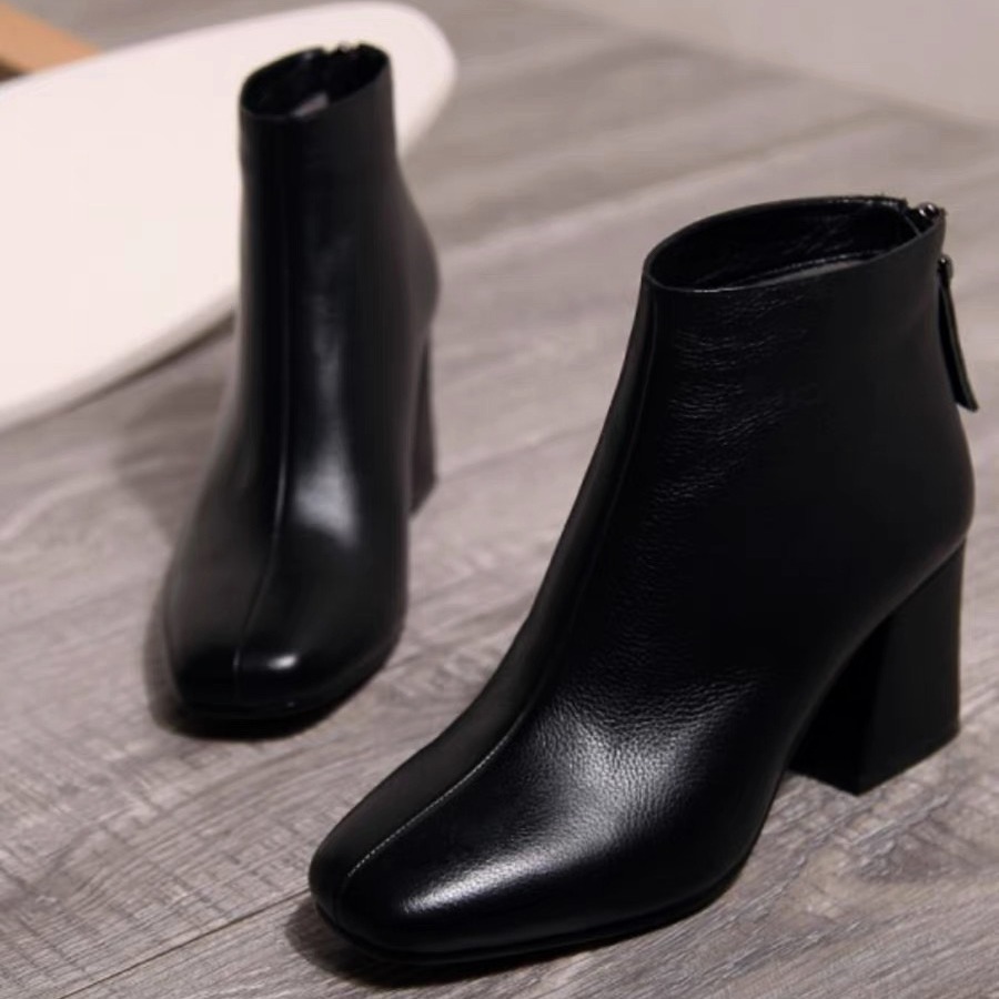 职业女鞋冬季工作鞋女黑色棉鞋加绒高跟皮鞋粗跟中跟短靴工装靴秋