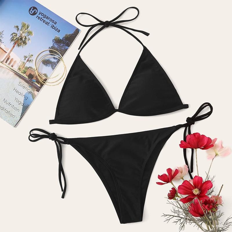 欧美复古黑色度假泳衣性感三点式小胸辣妹黑色翘臀三角吊带比基尼
