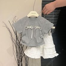 女童套装夏季新款2024韩版洋气蝴蝶结时髦T恤短袖蛋糕发货