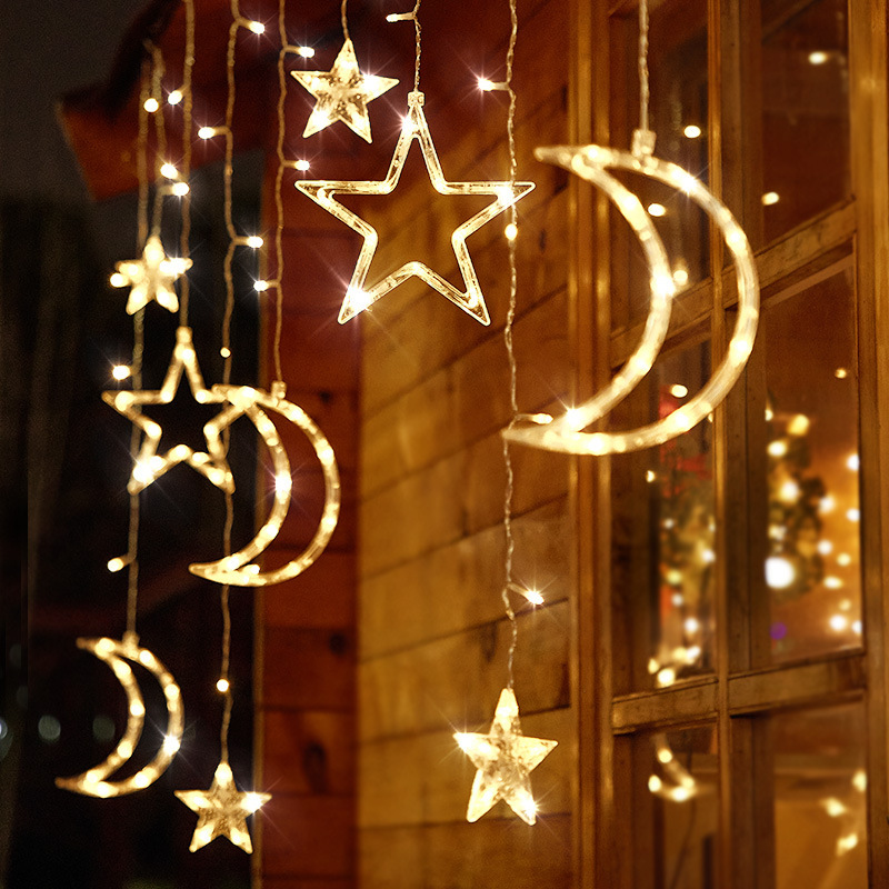 Cross-Border Star Moon Lighting Chain Star Moon Curtain Light LED Solar Garden Light Colored Lights Solar Lights Outdoor