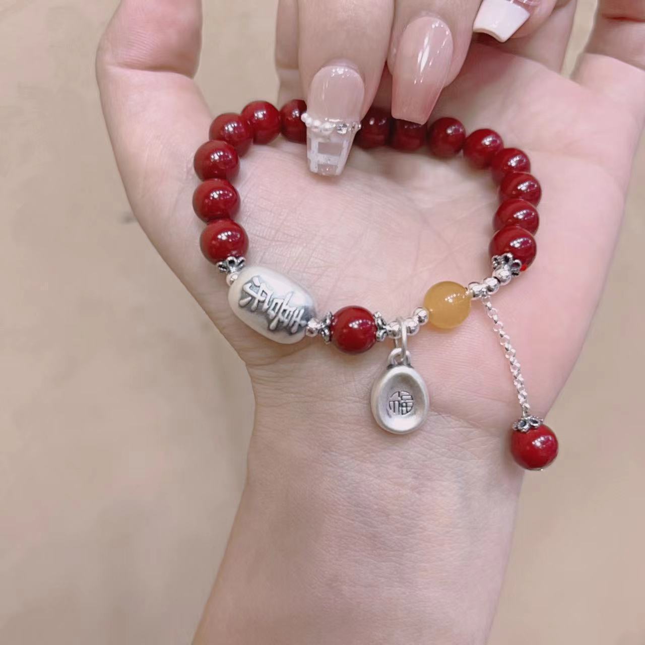 纯银999喜乐民族风玛瑙朱砂手链国潮复古相思豆手串送礼物手饰 批