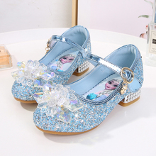 爱莎公主鞋2023新款小女孩水晶鞋女宝宝魔术贴鞋子蓝色儿童高跟鞋