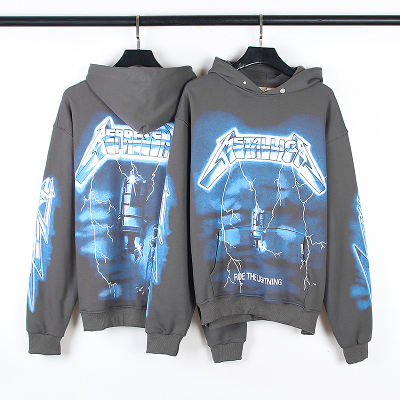 美式联名metallica乐队摇滚暗黑闪电连帽卫衣高街宽松男女帽衫