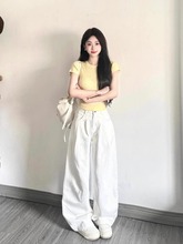 韩版套头圆领修身短袖T恤女2024夏季新款显瘦奶黄色百搭针织上衣