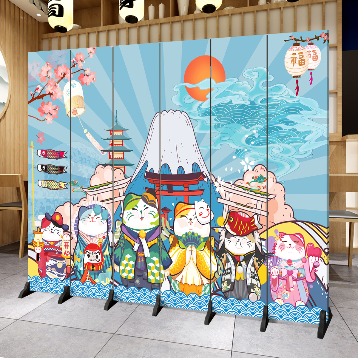 屏风装饰隔断墙客厅酒店办公室现代山水简约折叠日式布艺双面印刷