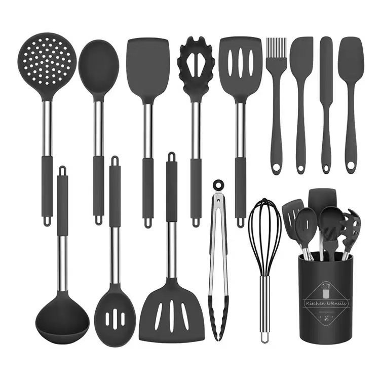 Kitchen Tools Stainless Steel Pipe Handle Silicone Kitchenware Kitchen Utensils Cooking Spoon and Shovel Non-Stick Pan Storage Bucket 15-Piece Set