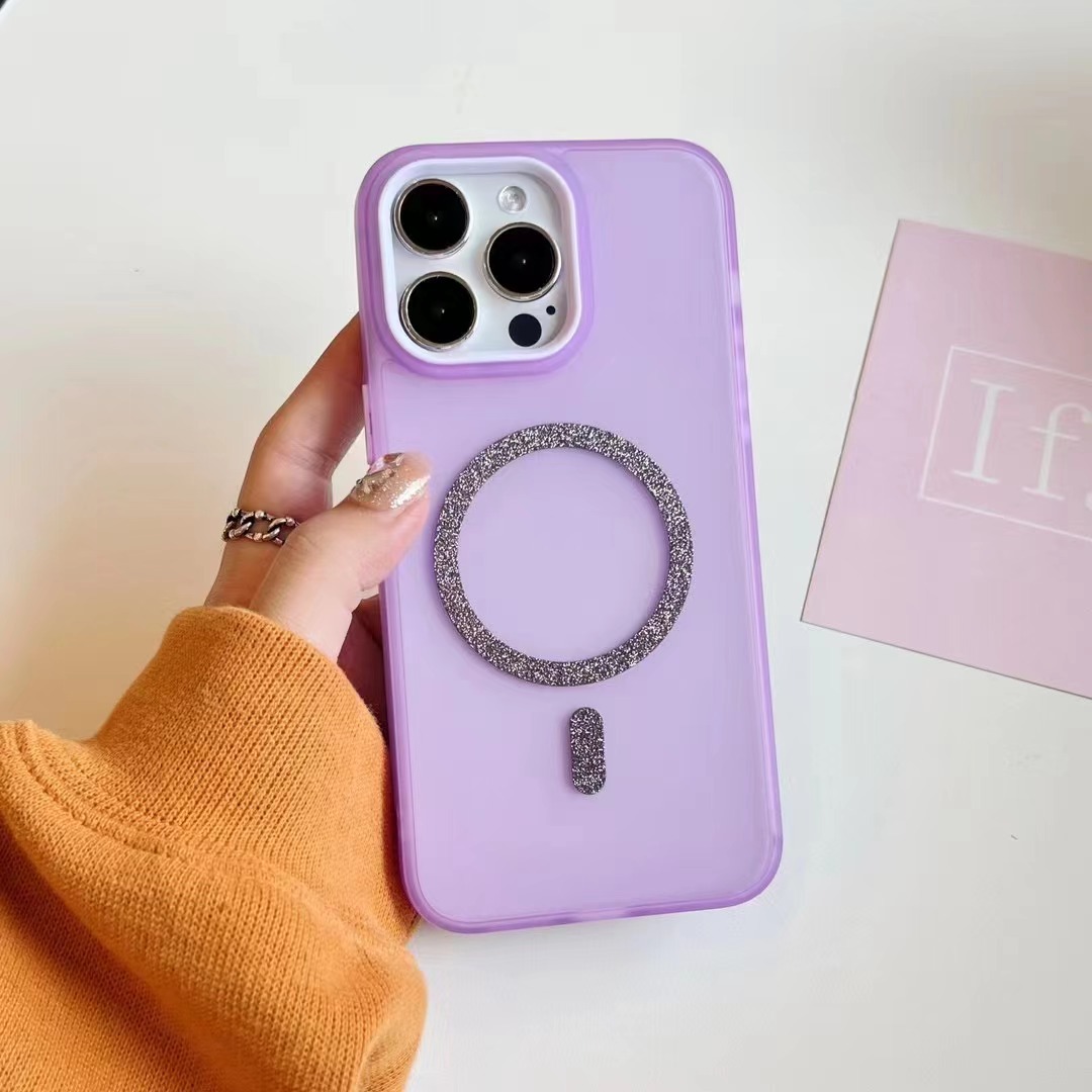 适用iphone12 13pro糖果透色tpu软胶手机壳13pro闪粉磁吸圈手机套