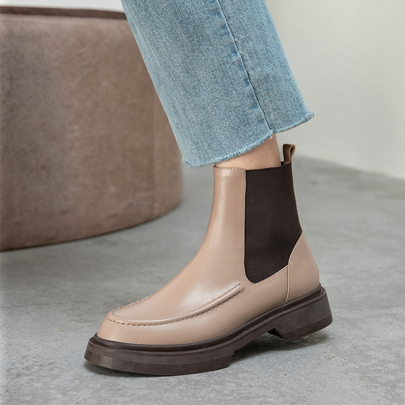 杏色马丁靴女英伦学院风厚底圆头牛皮切尔西靴2020新款百搭短靴潮