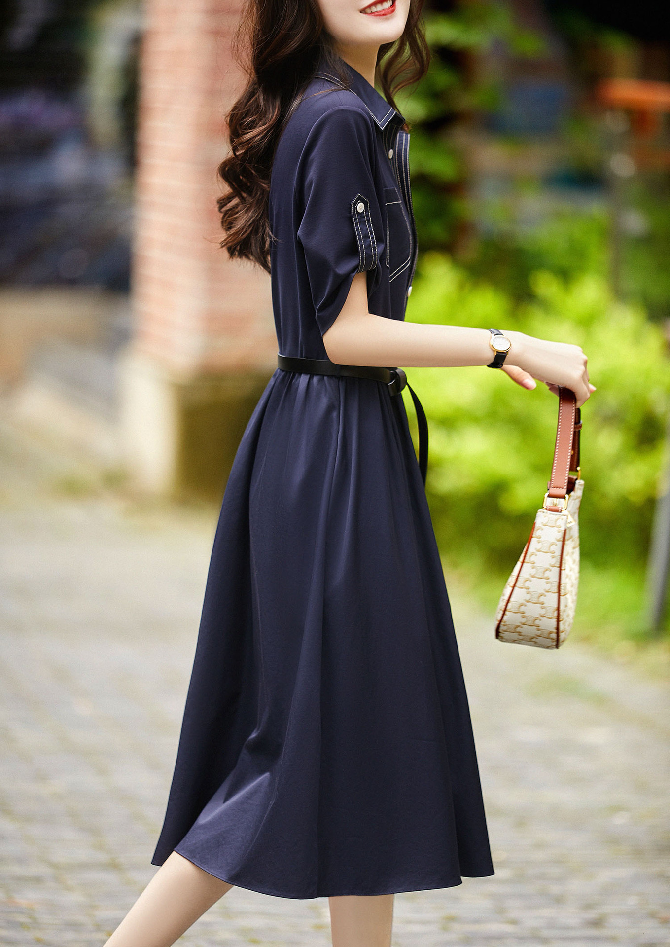 连衣裙女2021新款夏季洋气减龄时尚气质系带收腰显瘦中长款衬衫裙