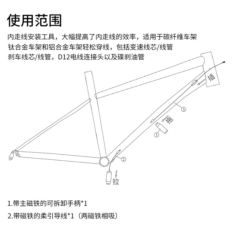 山地公路自行车穿线工具内走线工具碳纤维车架线管磁铁引线穿线器