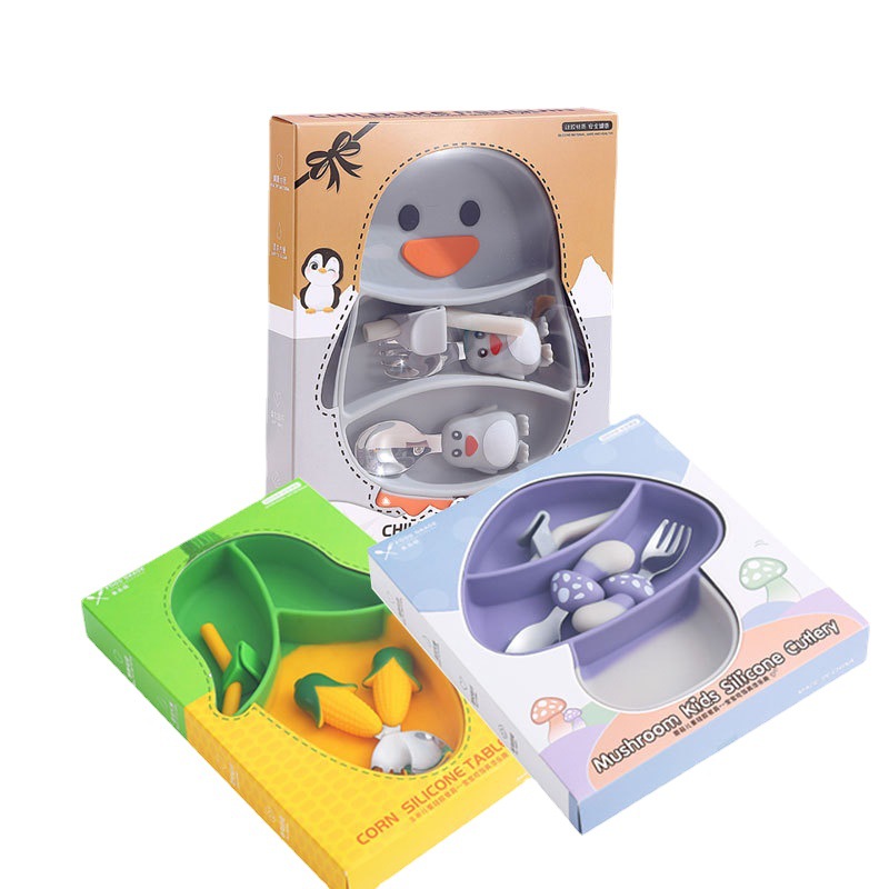 cross-border new arrival creative children cartoon silicone plate infant suction cup integrated compartment solid food tableware suit