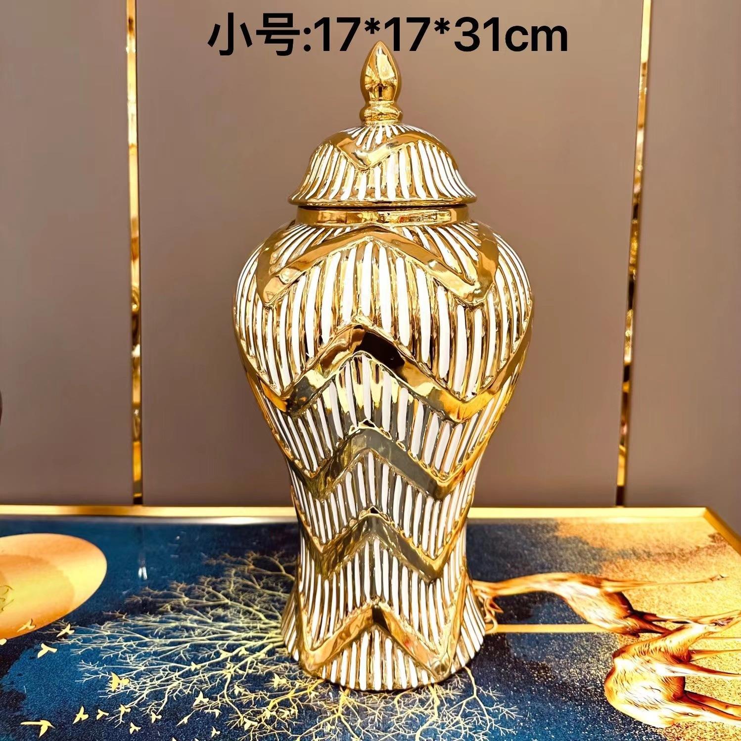 Factory Direct European-Style Electroplated Gold Ceramic Hat-Covered Jar Vase Light Luxury Crafts Model Room Soft Decoration Ornaments