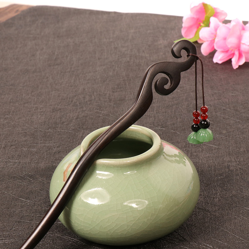 复古黑檀木发簪古典民族风簪子简约自然盘发头饰手工流苏步摇饰品