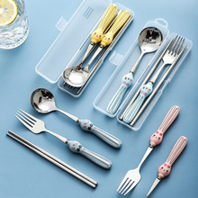 卡通便携式餐具三件套304不锈钢筷子叉子勺子套装旅行餐具盒礼品
