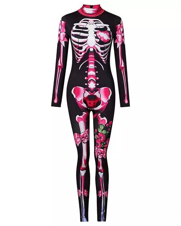 2023 Independent Station Wish Amazon New Halloween Skull Skeleton Printed Jumpsuit 2 Colors in Stock