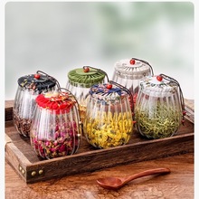 中式复古花布茶叶罐多功能玻璃储物罐透明茶罐中药干果玻璃密封罐