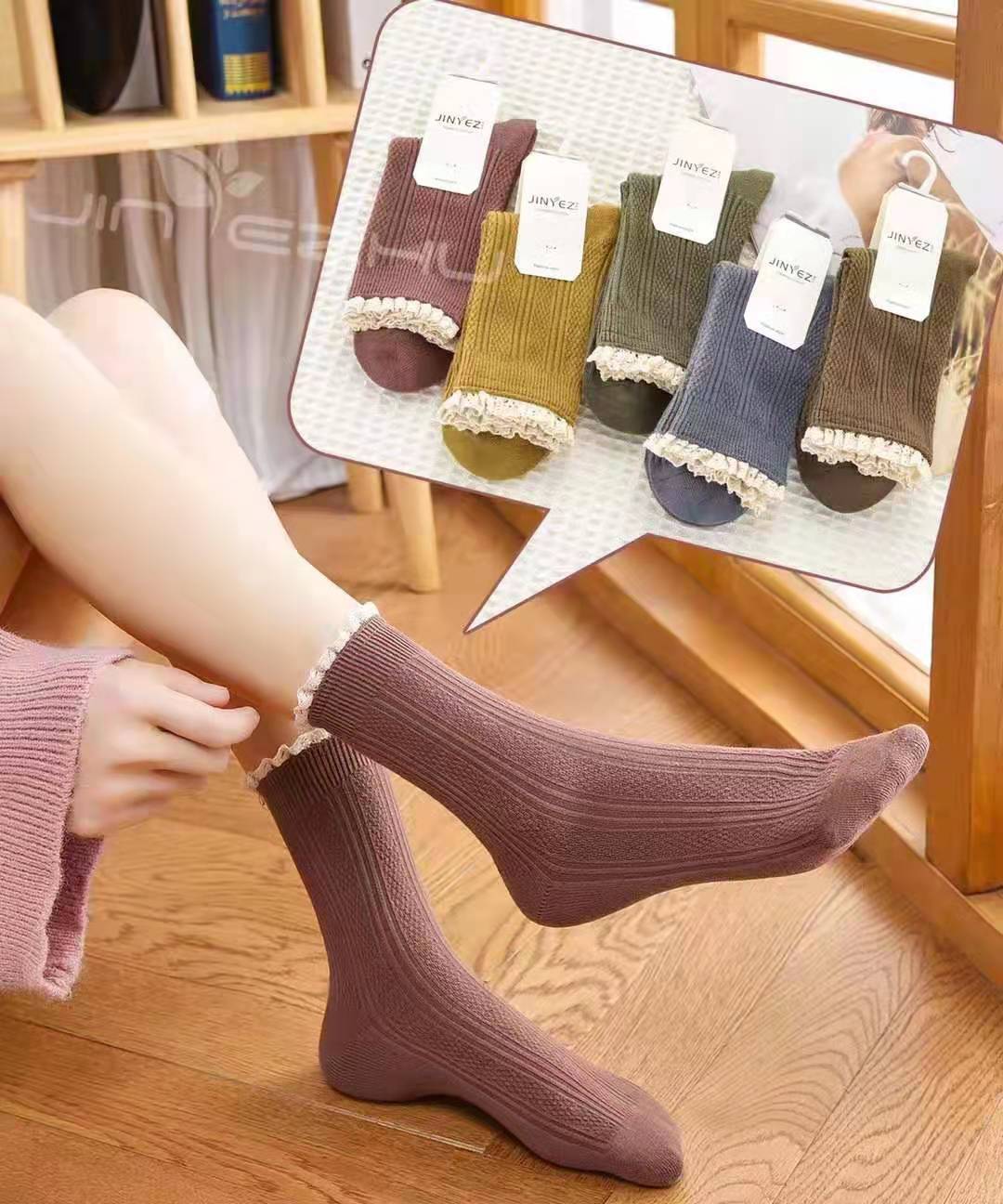 新款潮袜子女春夏四季棉袜花边短袜网眼船袜韩版学生袜女袜纯色袜