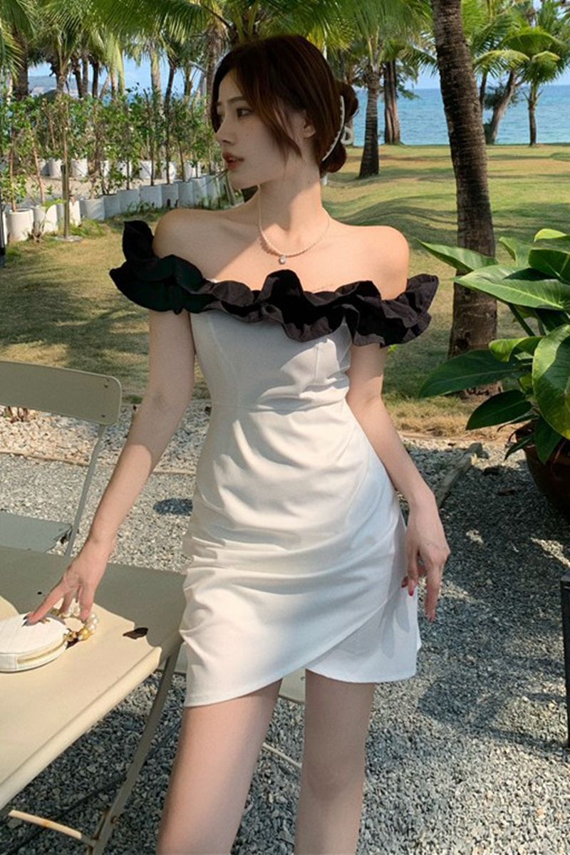 复古木耳边一字领包臀连衣裙夏季轻熟露肩不规则短款裙子女外贸