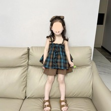女童韩版洋气套装2024夏女宝休闲格子吊带裙上衣娃娃衫短裤两件套
