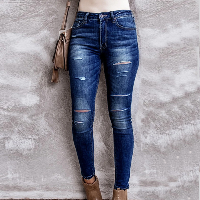 跨境欧美款女式牛仔裤时尚猫须水洗高腰破洞修身弹力小脚牛仔长裤