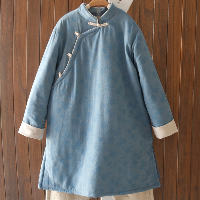 中国风纯色夹棉棉服女中长款外套禅意中式立领盘扣保暖棉衣冬