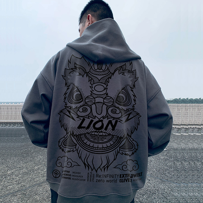 国潮ins醒狮卫衣男开衫宽松oversize情侣装中国风大码潮胖子帽衫