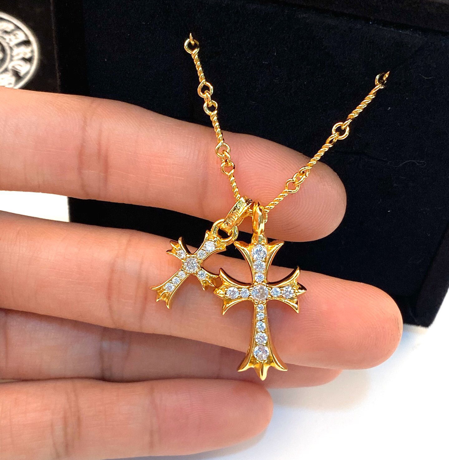 克罗伈项链十字架镶钻双十字架吊坠镀金男女情侣项链雪梨同款饰品