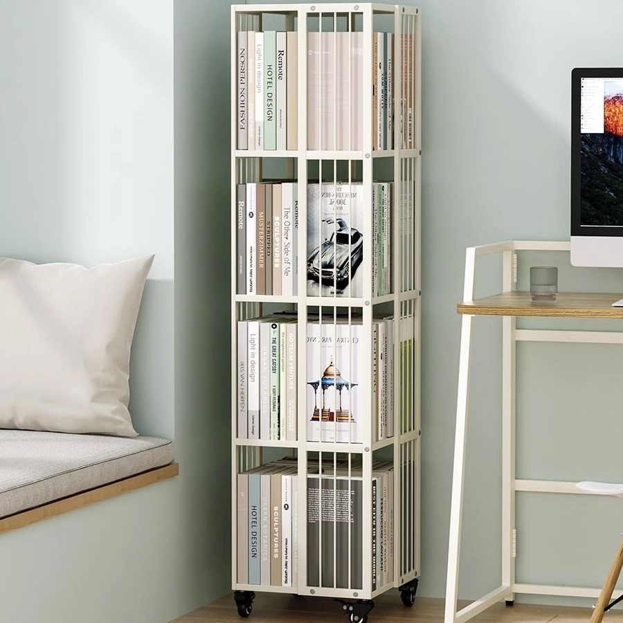 旋转书架可移动书柜带轮家用墙角收纳架子铁艺转角置物架现代简约