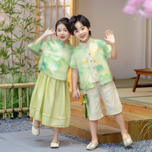 男女孩新款汉服套装改良中式夏装六一儿童节表演服古风山水画唐装