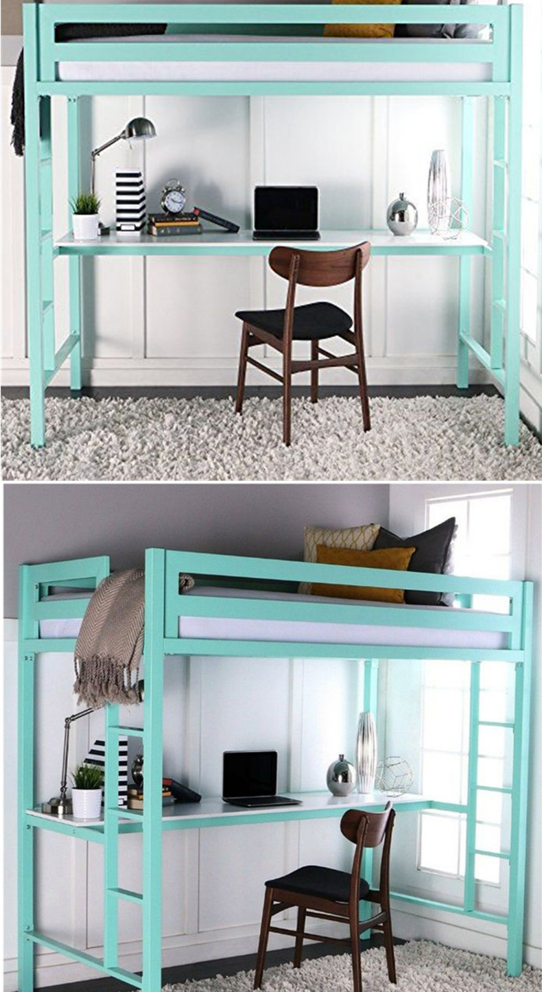 白色双层高架床小户型卧室北欧风上下铺铁床单身公寓省空间阁楼床