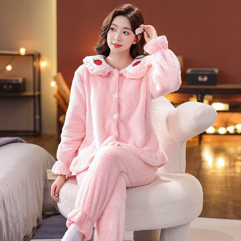 Flannel Pajamas for Women Winter Cardigan Long Sleeve Sweet Princess Style Thick Warm Classic Style Homewear Can Be Worn outside