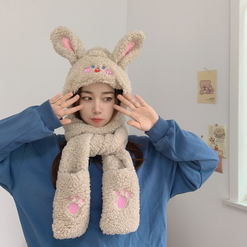 Cute Rabbit Ear Protection Hat Scarf Integrated Women's Autumn and Winter Sweet Student Hooded Plush Warm Scarf Korean Fashion