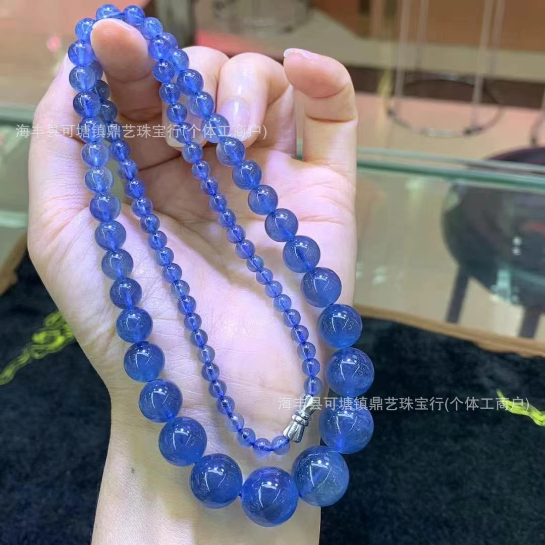 天然魔鬼蓝海蓝宝圆珠塔链单圈项链干净无杂晶体透起荧光蓝4.