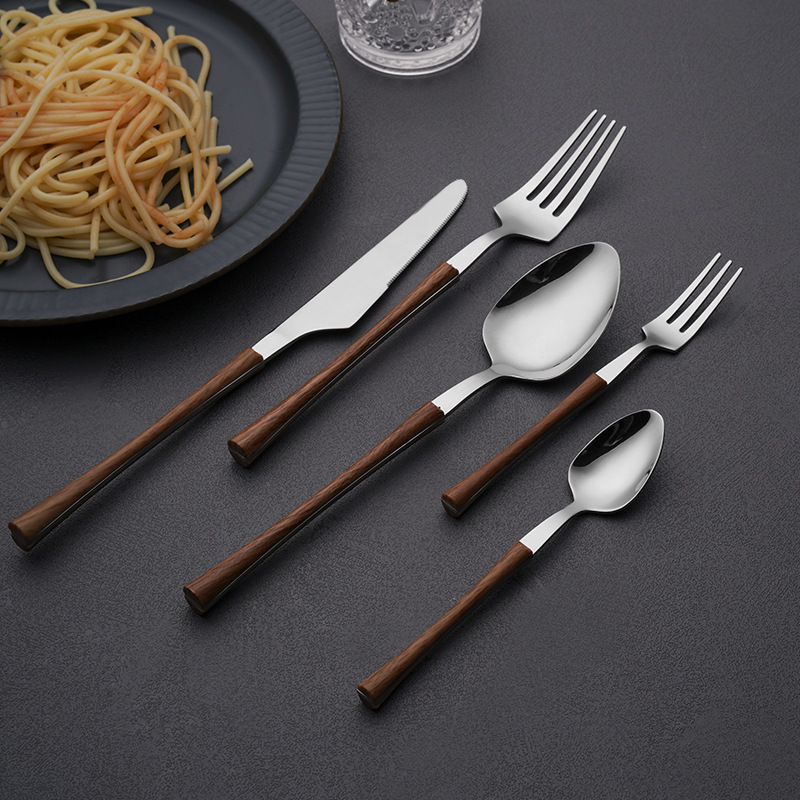 Imitation Wooden Handle Stainless Steel Knife, Fork and Spoon Western Creative Small Waist Stainless Steel Tableware Steak Knife, Fork and Spoon Suit