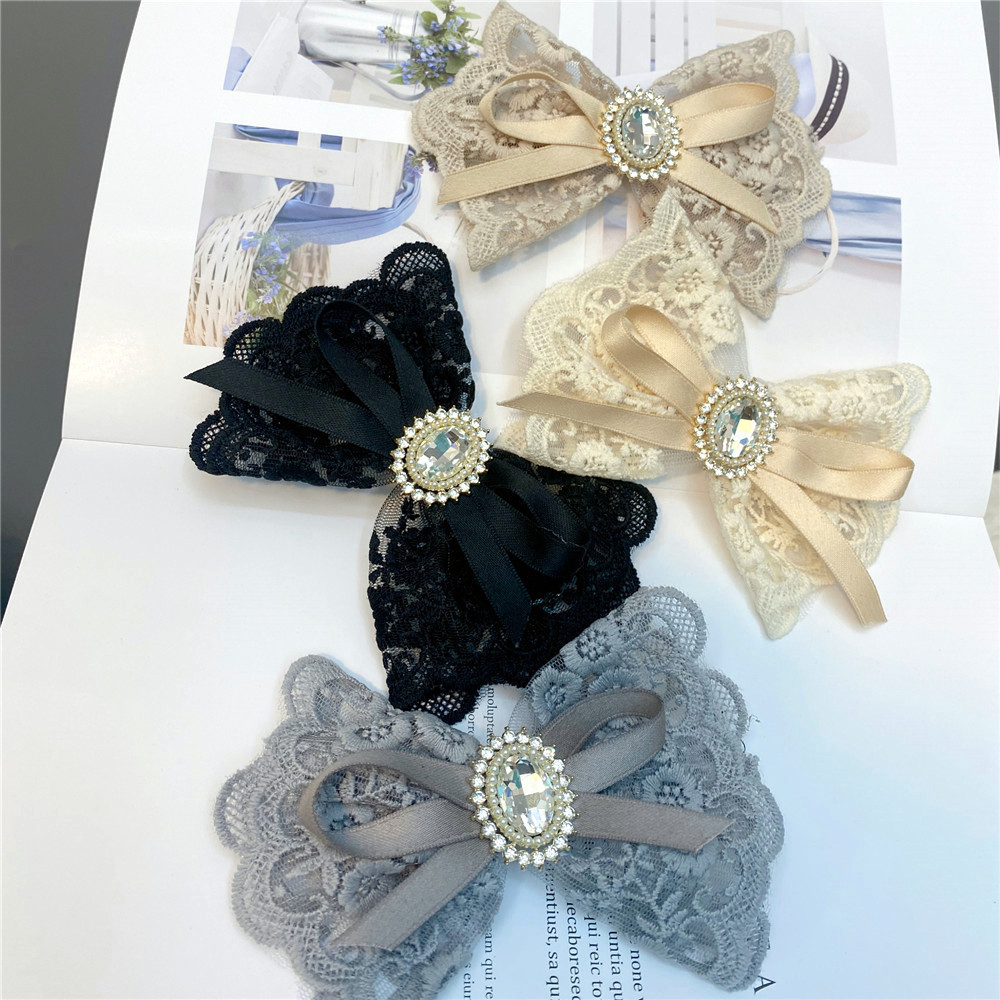 a050-1蕾丝花边甜美蝴蝶结发夹珍珠大水钻发饰弹簧夹少女外出发饰