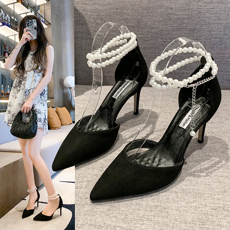 新款尖头高跟鞋细跟浅口一字带时尚珍珠包头中空女凉鞋-阿里巴巴