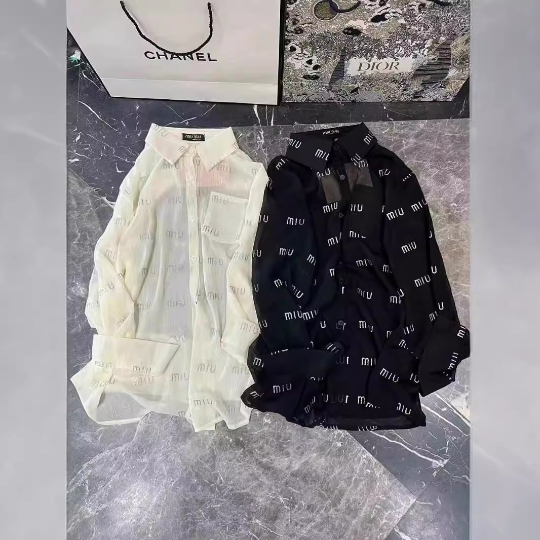 24ss夏季新款mi温柔风满印logo图案轻薄透视长袖防晒衬衫-阿里巴巴