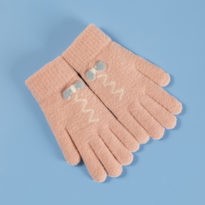 雪花秀女士手套冬季保暖针织提花拼色五指手套玩手机触屏分指手套