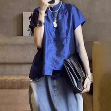 新中式国风洋气减龄时尚别致上衣蓝色醋酸缎面立领盘扣衬衫女夏季